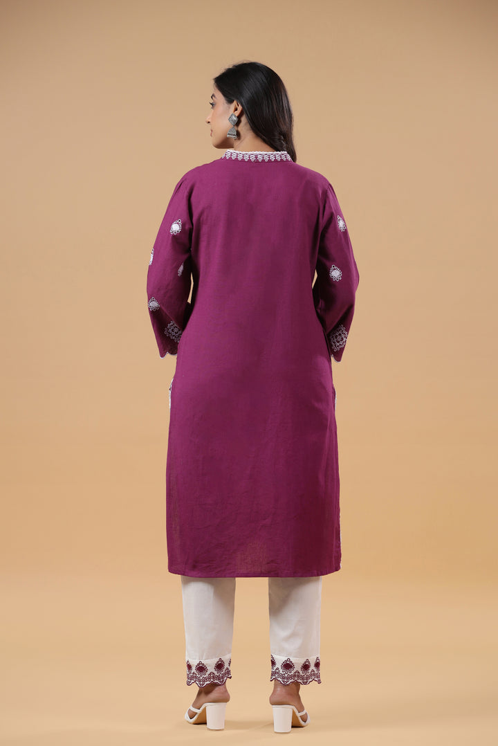 Purple Cotton Embroidered Designer Kurta Pant Set