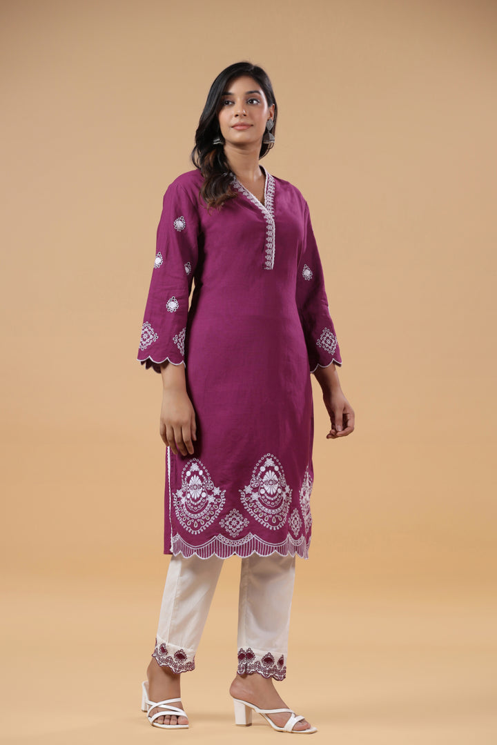 Purple Cotton Embroidered Designer Kurta Pant Set