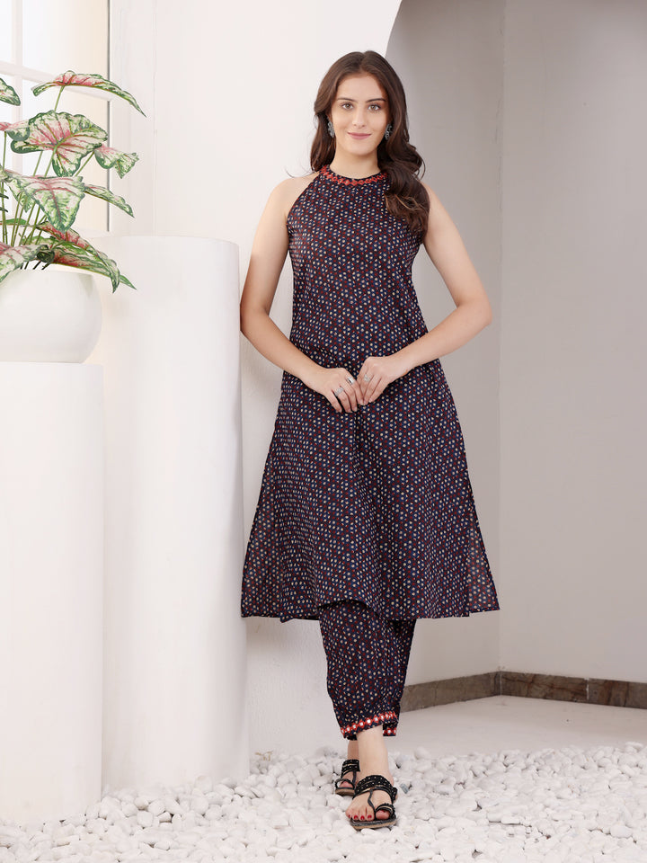 Purple Cotton Printed Sleeveless trendy Kurta Pant Set