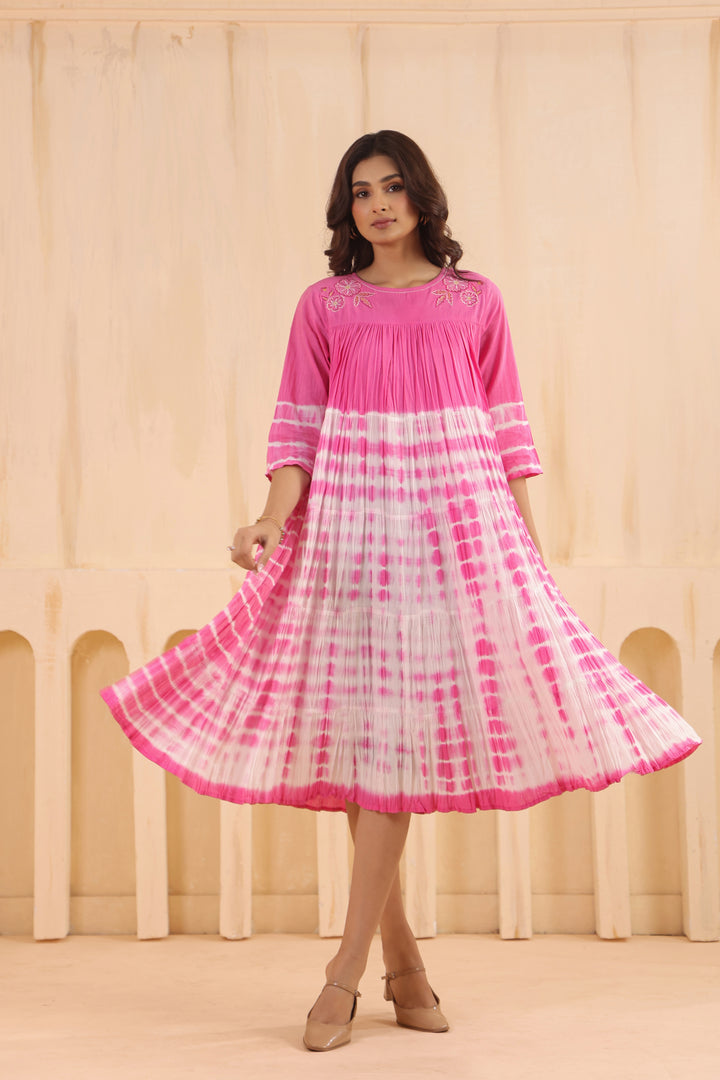 Pink Cotton Embroidered Designer Dress