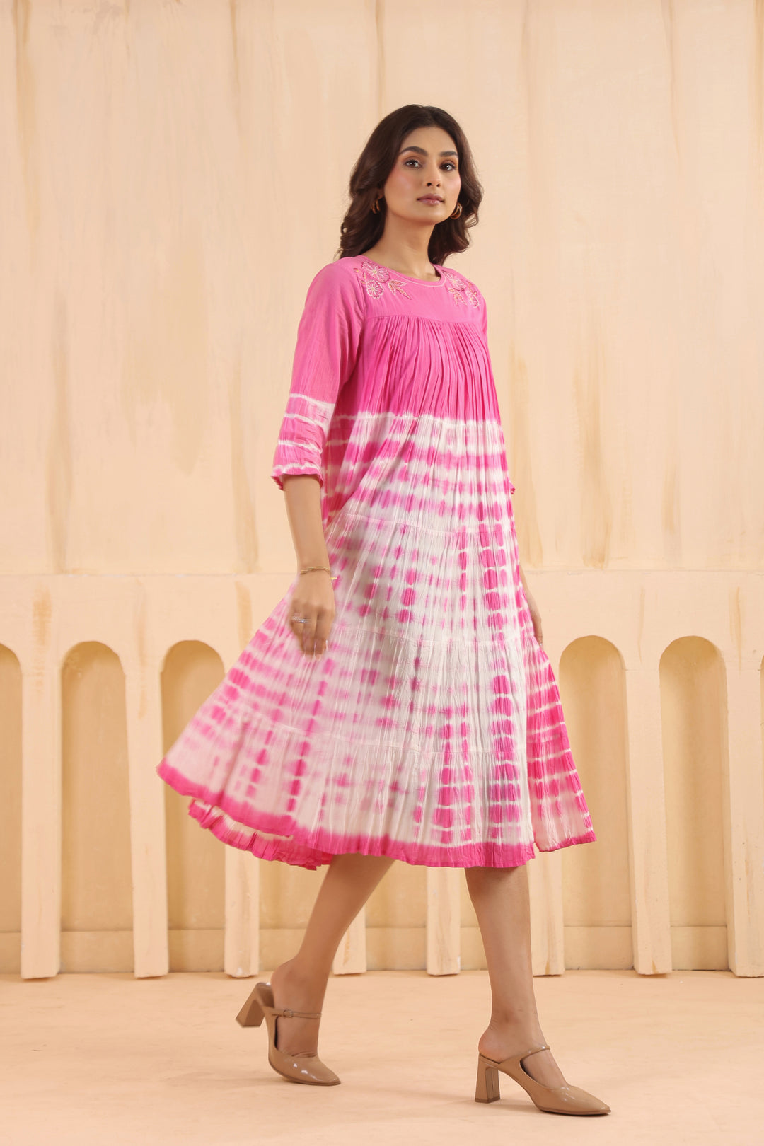 Pink Cotton Embroidered Designer Dress
