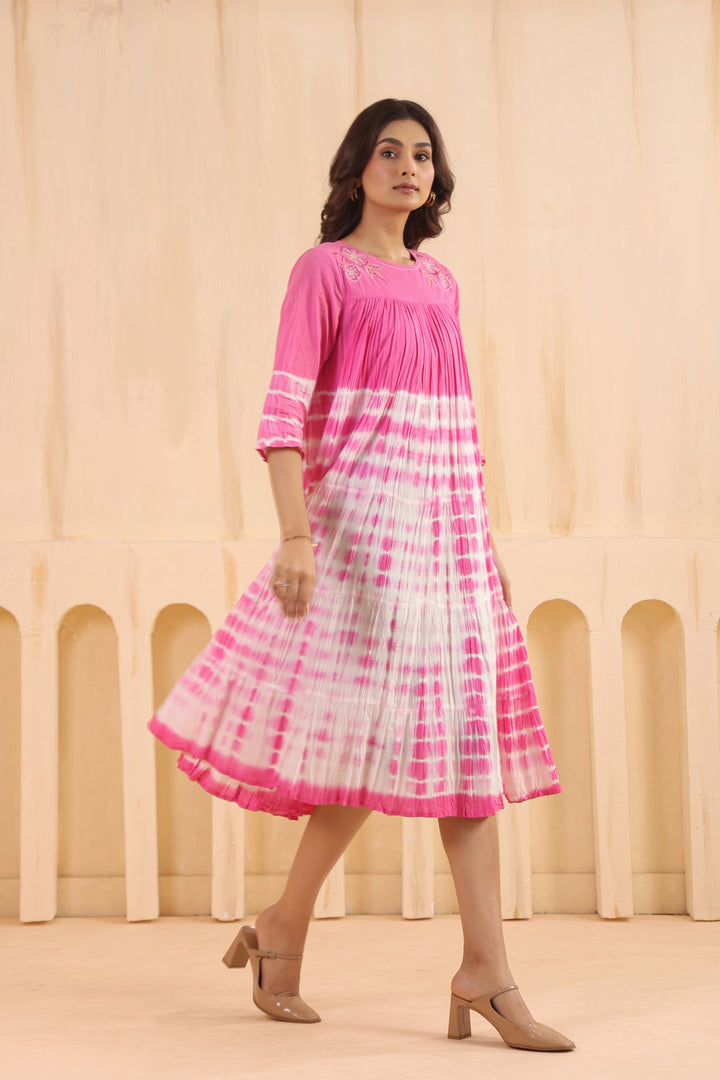 Pink Cotton Embroidered Designer Dress