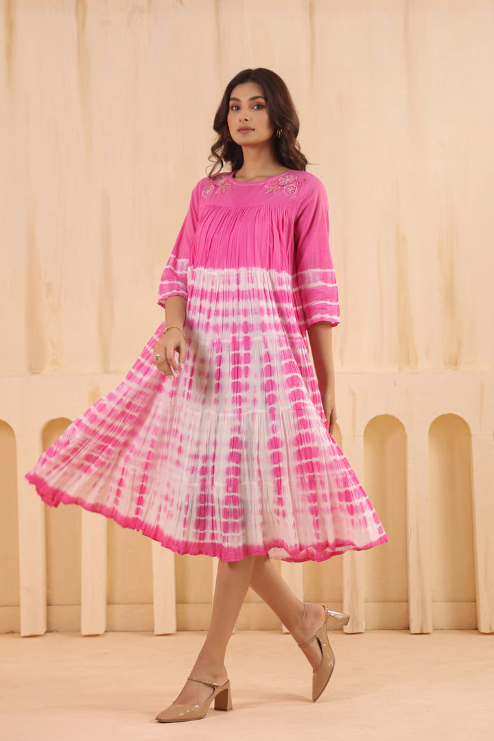 Pink Cotton Embroidered Designer Dress