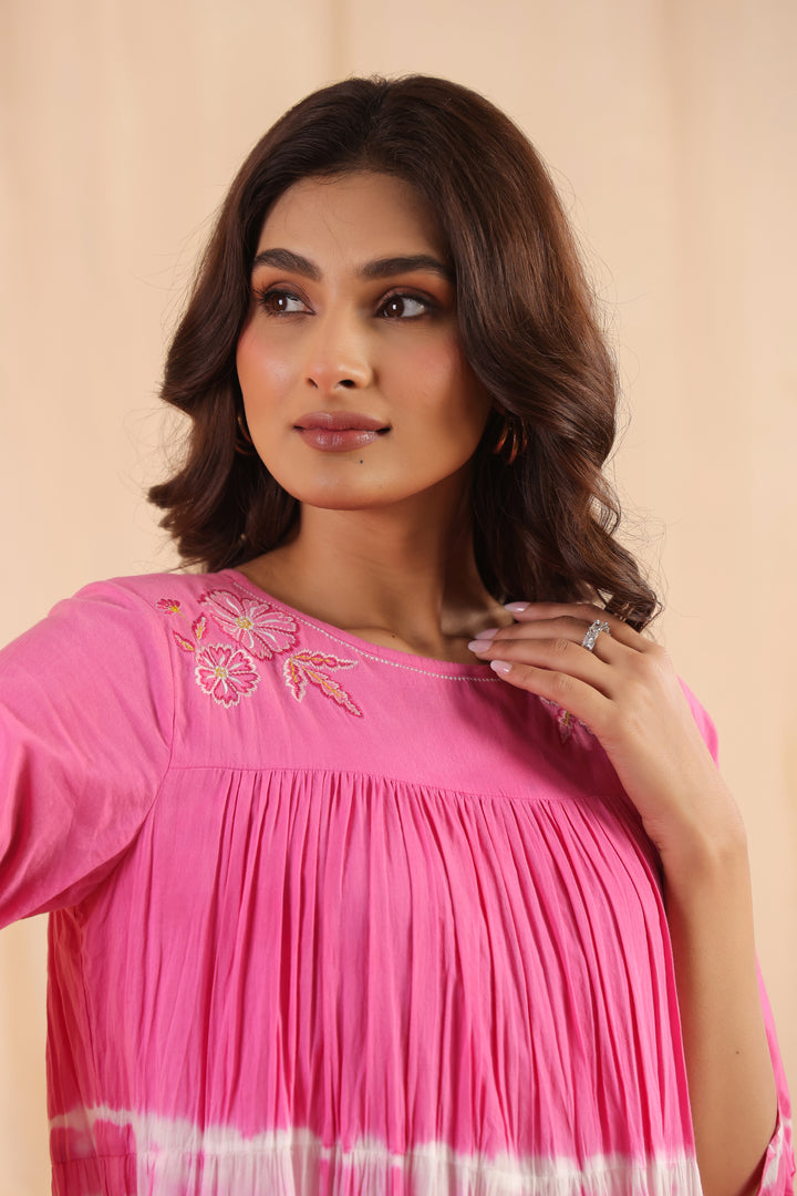 Pink Cotton Embroidered Designer Dress