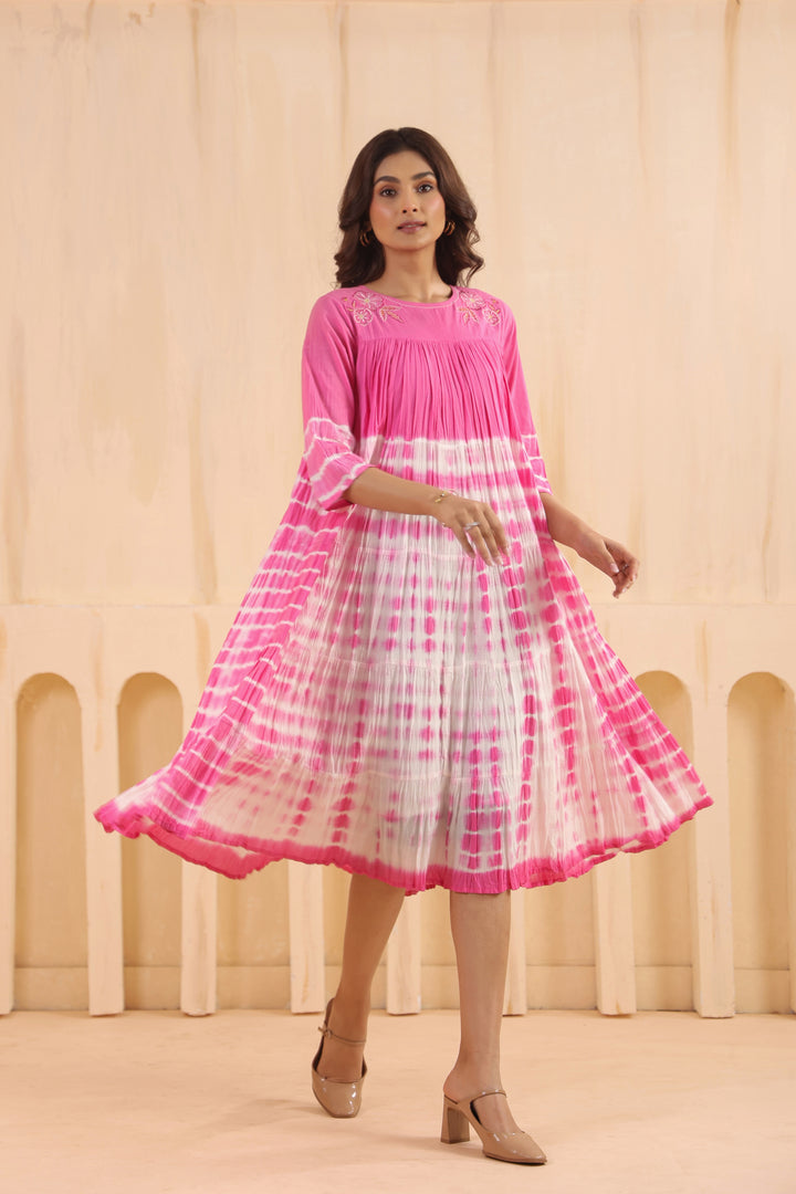 Pink Cotton Embroidered Designer Dress