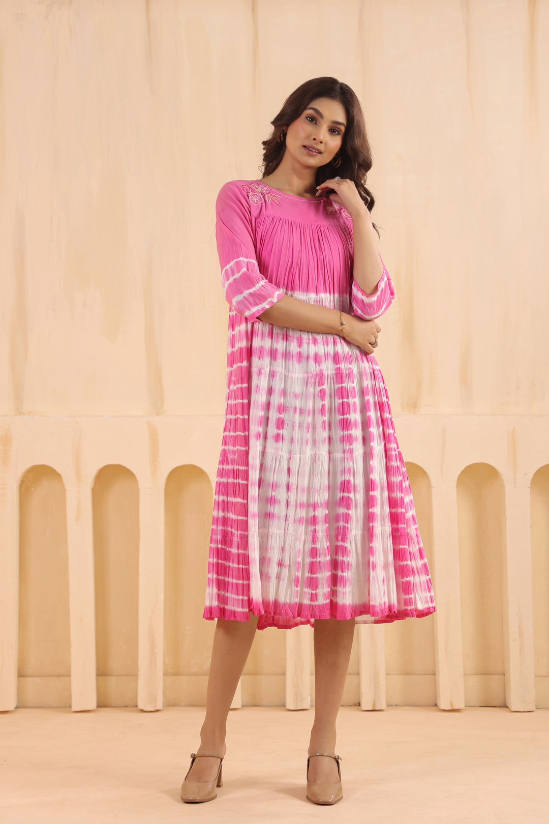 Pink Cotton Embroidered Designer Dress