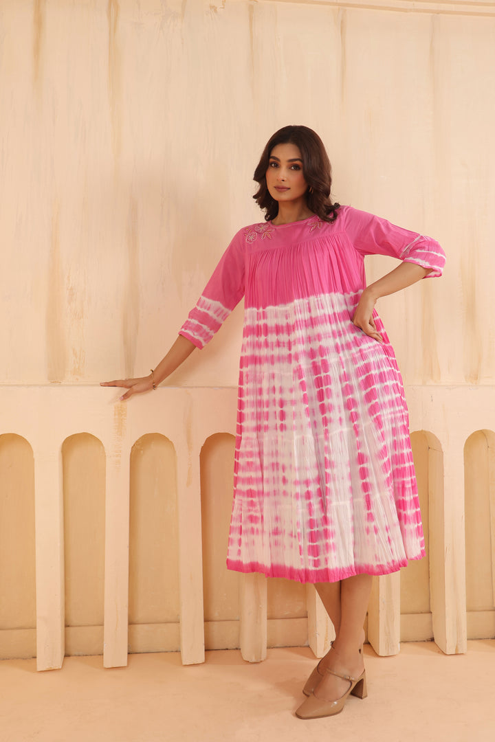Pink Cotton Embroidered Designer Dress