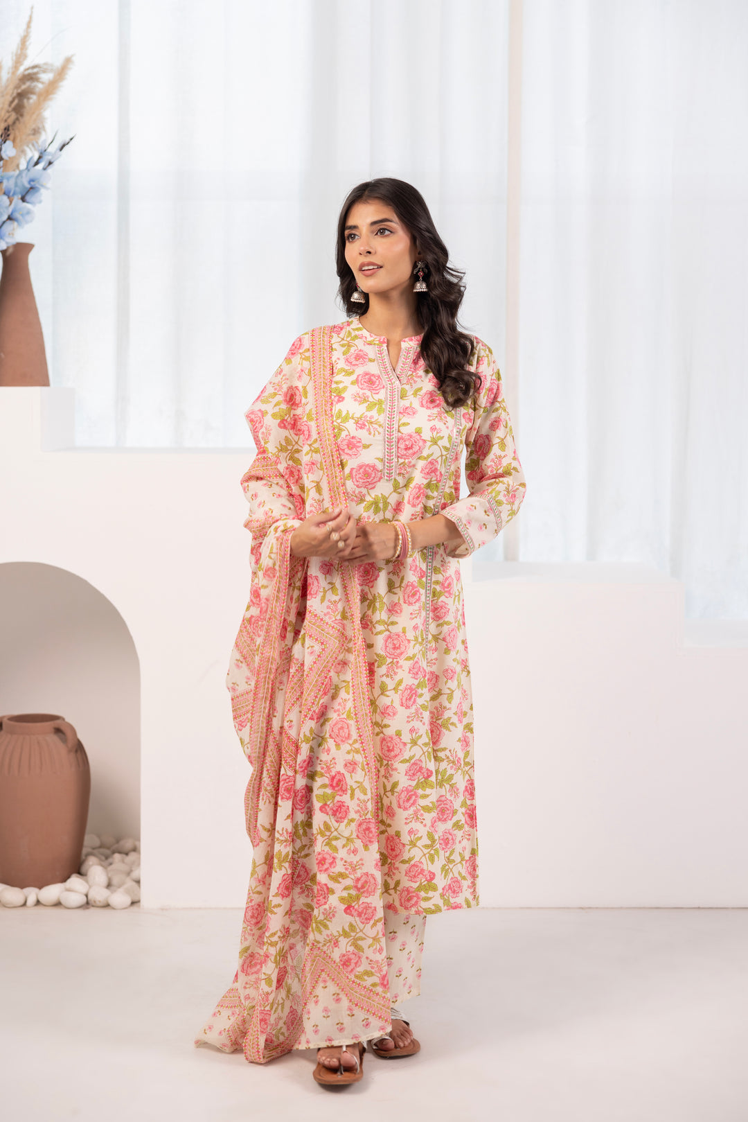 Pink Cotton Floral Printed Kurta Pant Set With Dupatta