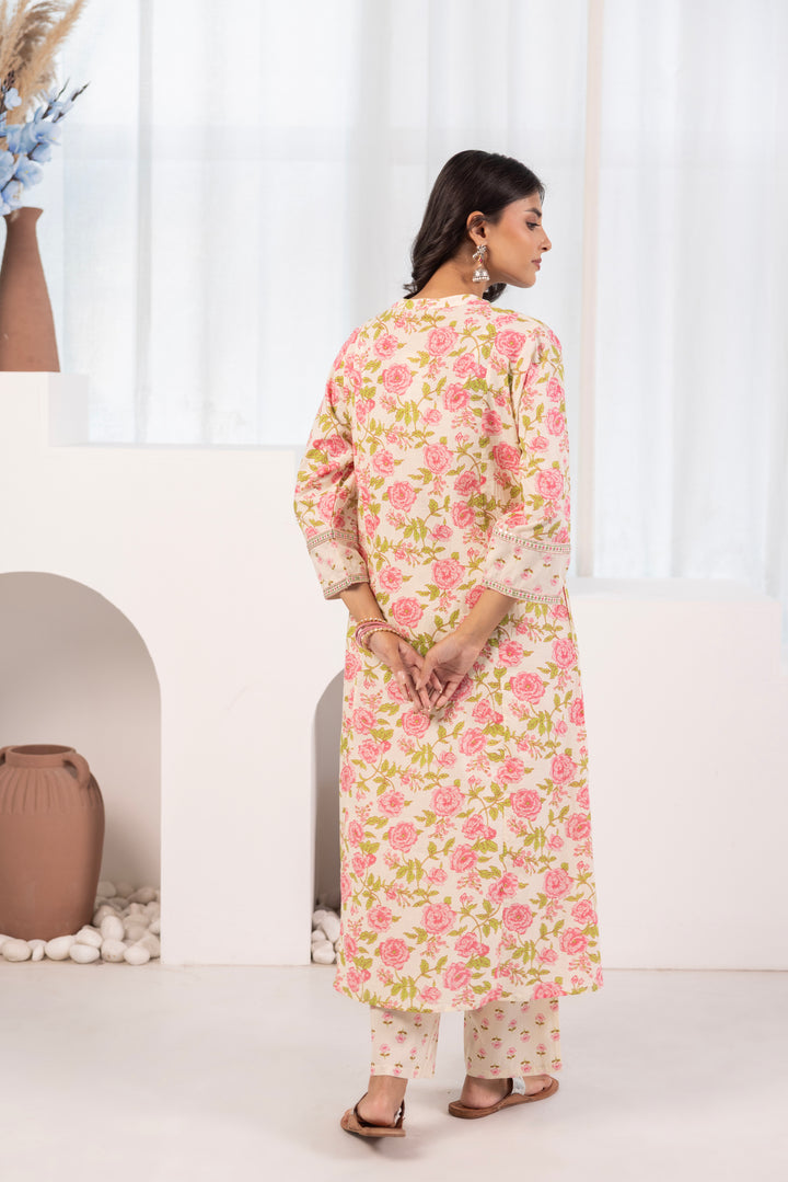 Pink Cotton Floral Printed Kurta Pant Set With Dupatta