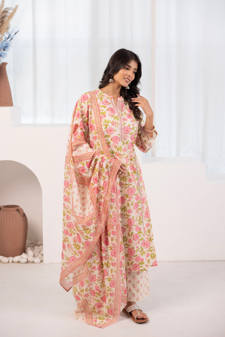 Pink Cotton Floral Printed Kurta Pant Set With Dupatta