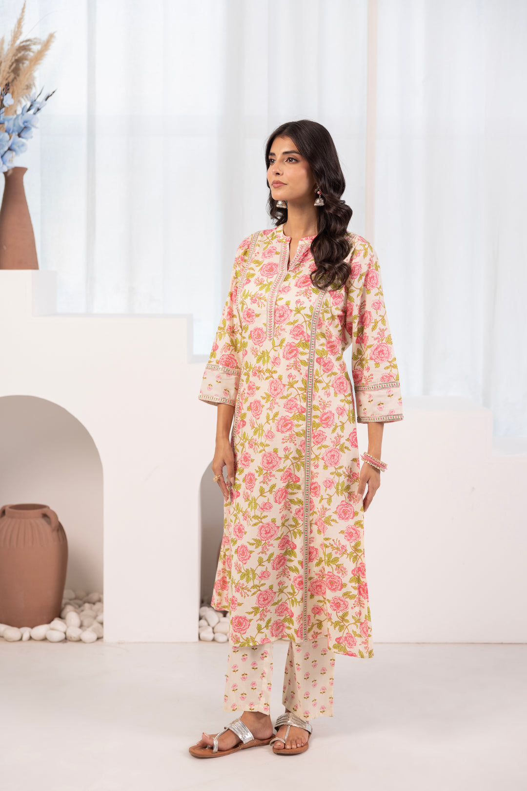 Pink Cotton Floral Printed Kurta Pant Set With Dupatta