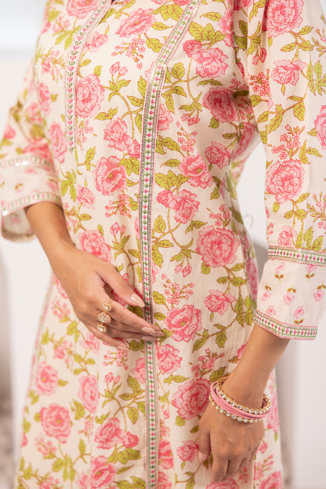 Pink Cotton Floral Printed Kurta Pant Set With Dupatta
