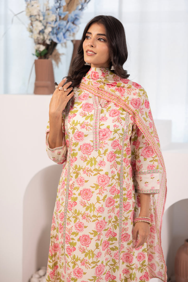 Pink Cotton Floral Printed Kurta Pant Set With Dupatta