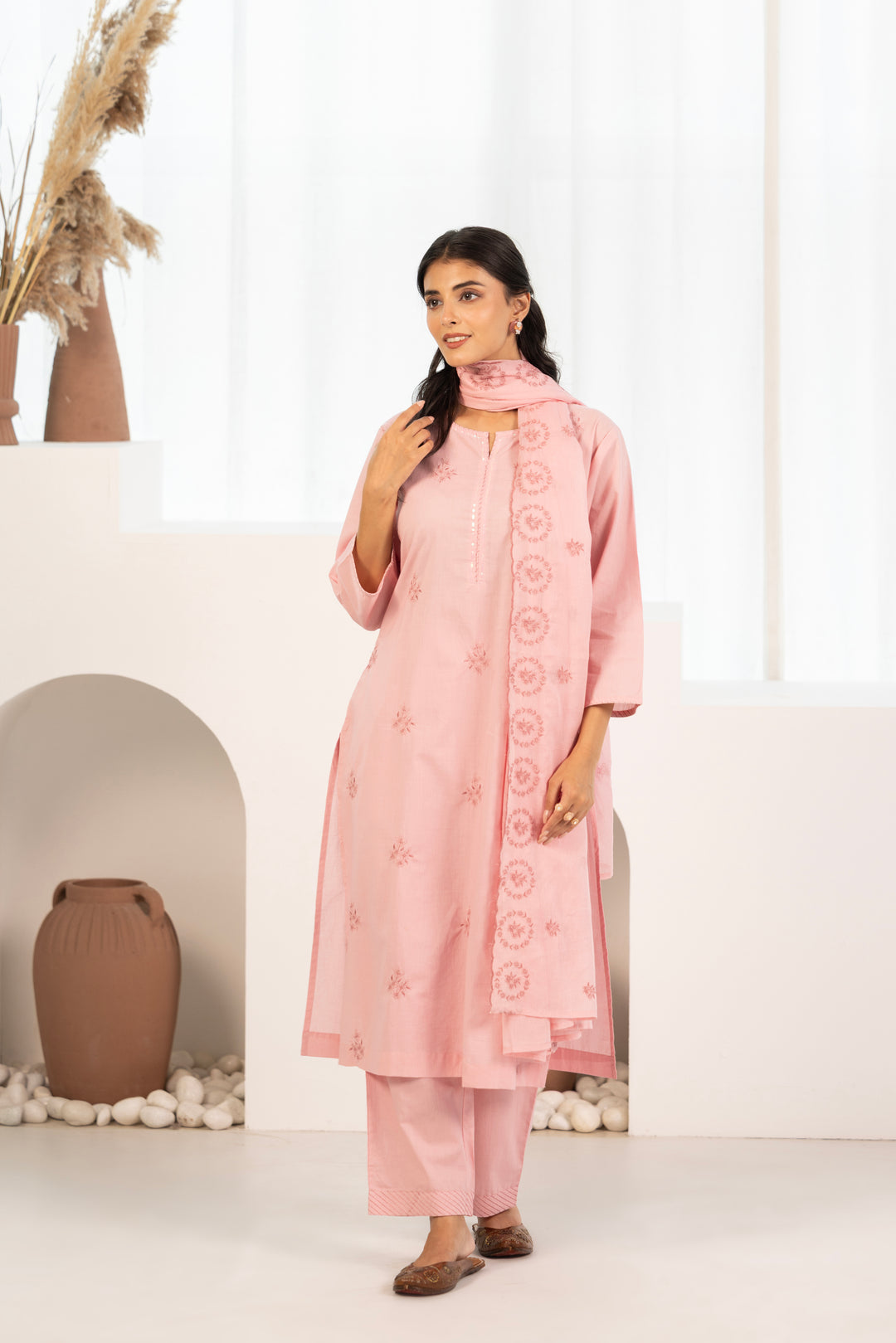 Pink Cotton Embroidered Designer Kurta Pant Set With Dupatta