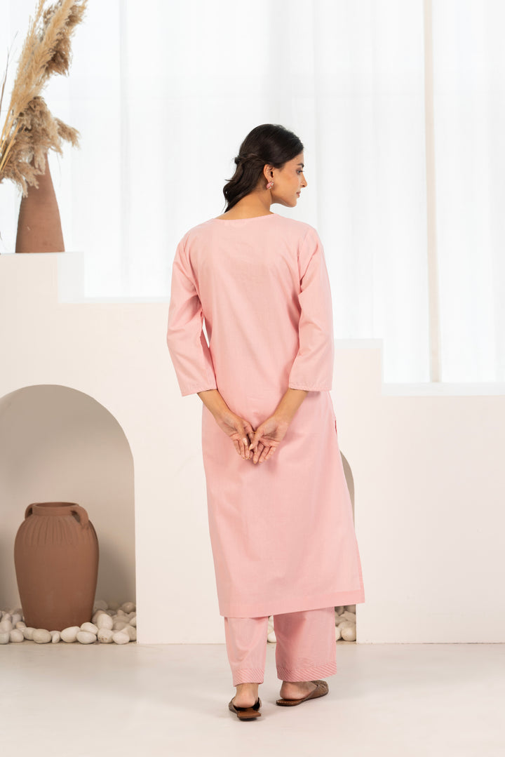 Pink Cotton Embroidered Designer Kurta Pant Set With Dupatta
