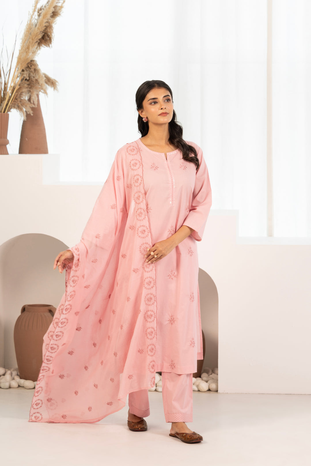 Pink Cotton Embroidered Designer Kurta Pant Set With Dupatta