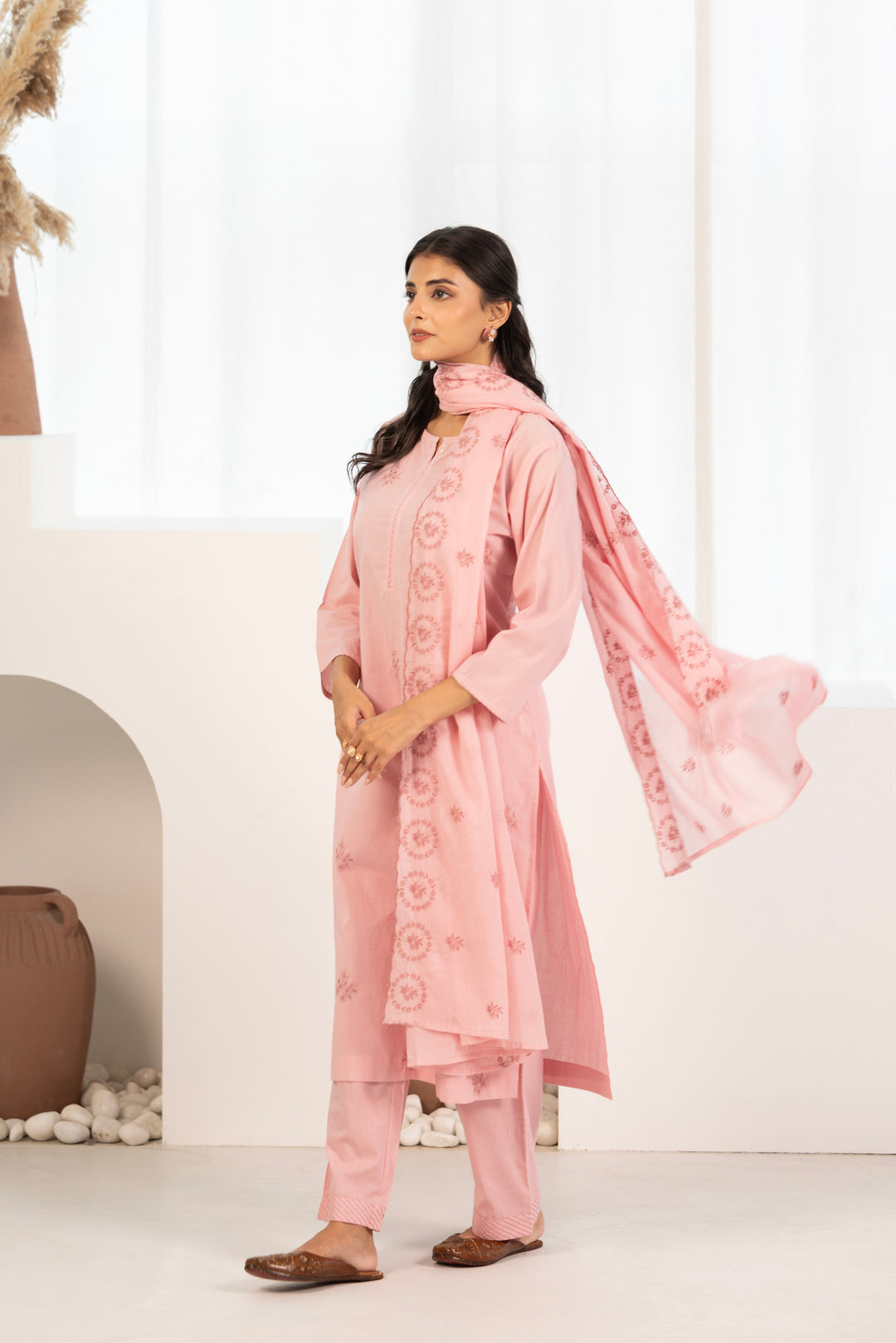 Pink Cotton Embroidered Designer Kurta Pant Set With Dupatta