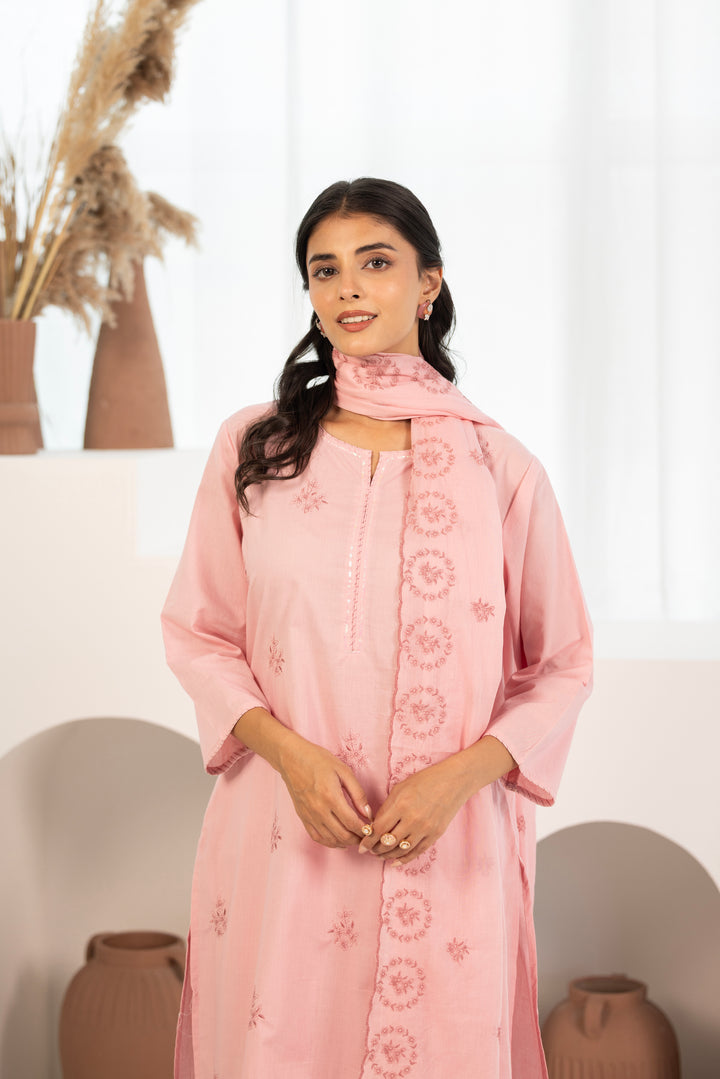 Pink Cotton Embroidered Designer Kurta Pant Set With Dupatta
