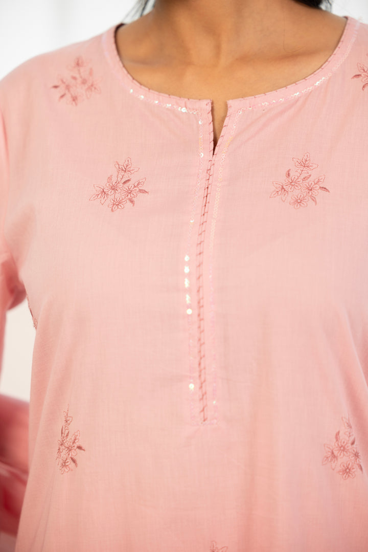 Pink Cotton Embroidered Designer Kurta Pant Set With Dupatta