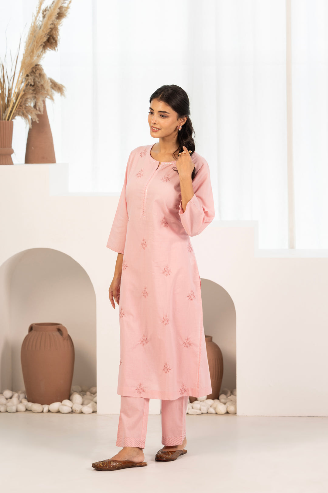 Pink Cotton Embroidered Designer Kurta Pant Set With Dupatta