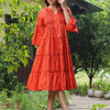 Red Cotton Printed Tiered Detailed Dress