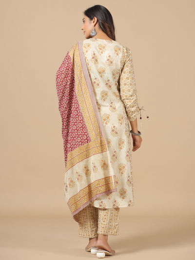 Beige Cotton Printed Embellished Kurta Pant Set With Dupatta