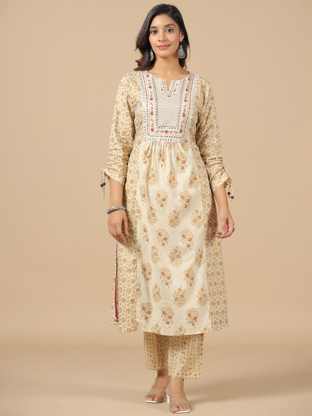Beige Cotton Printed Embellished Kurta Pant Set With Dupatta