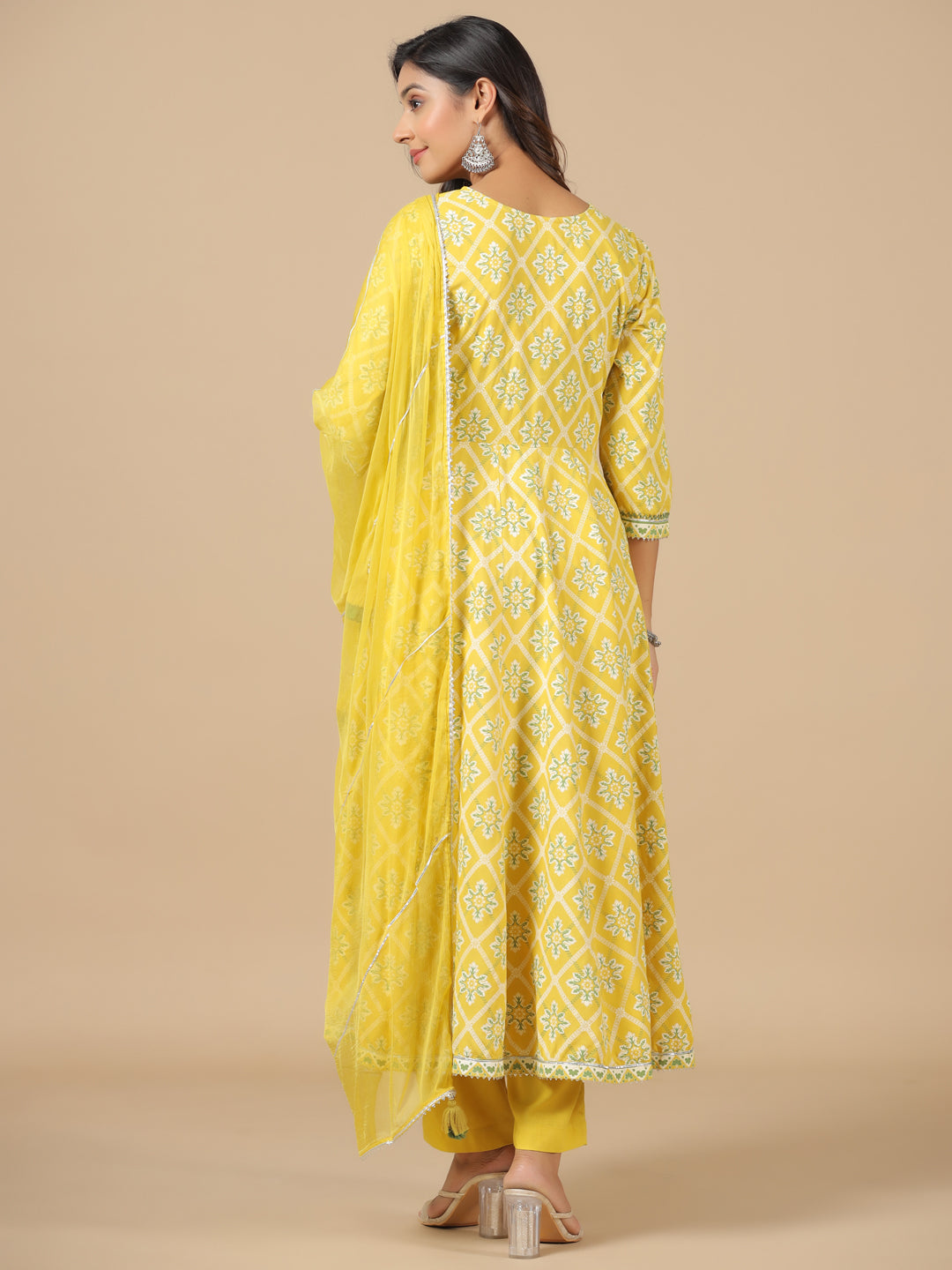 Rayon YellowEmbellished Printed Anarkali Suit Set with Dupatta