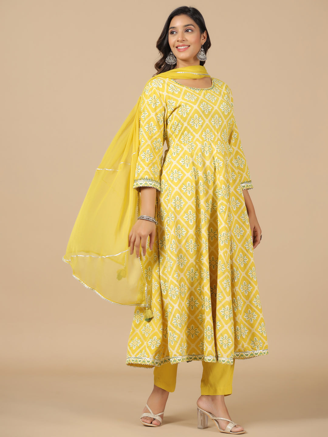 Rayon YellowEmbellished Printed Anarkali Suit Set with Dupatta