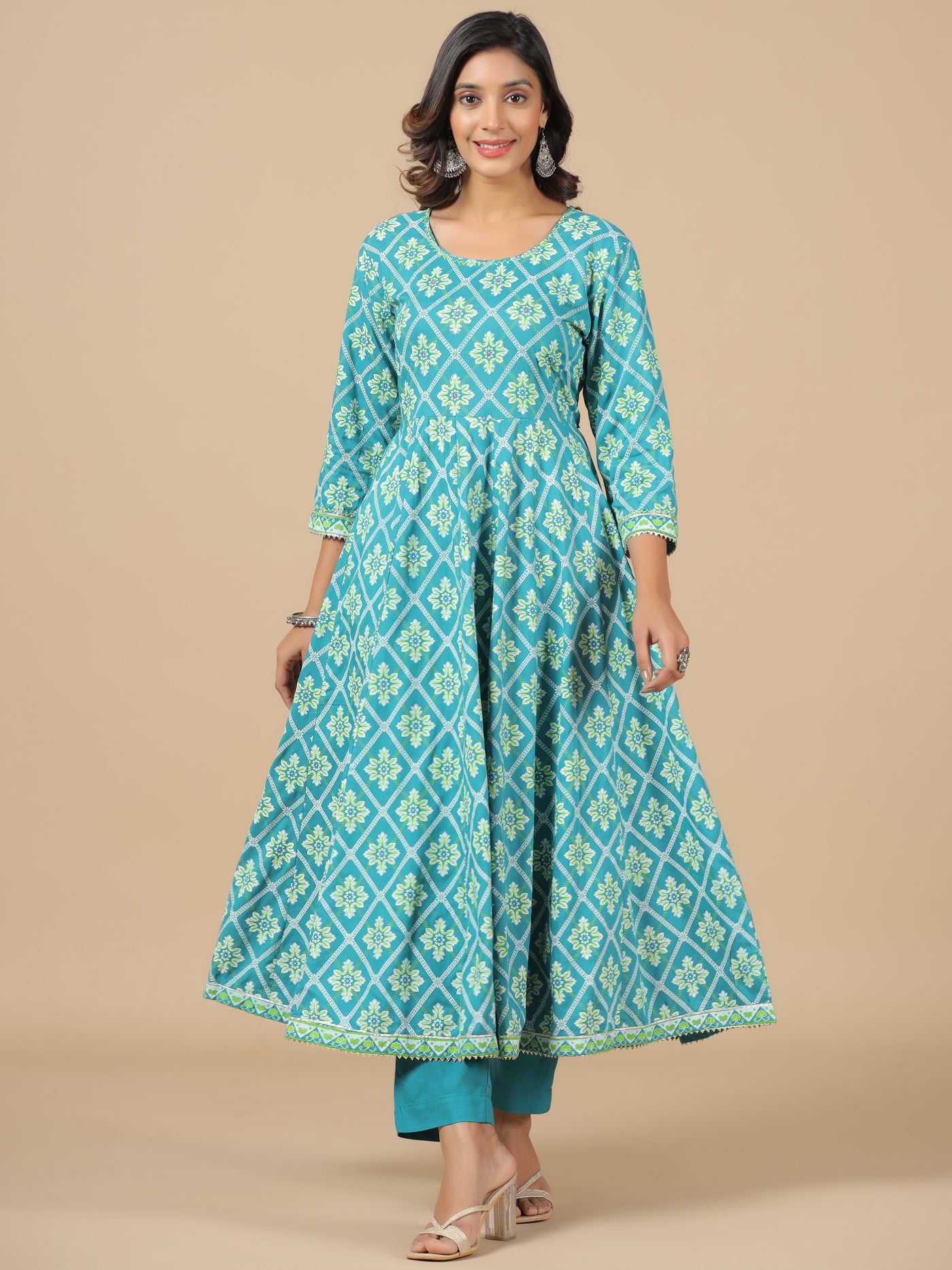 Rayon Green Embellished Printed Anarkali Suit Set with Dupatta