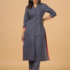 Blue Cotton Printed Shirt Collar Kurta Pant Set