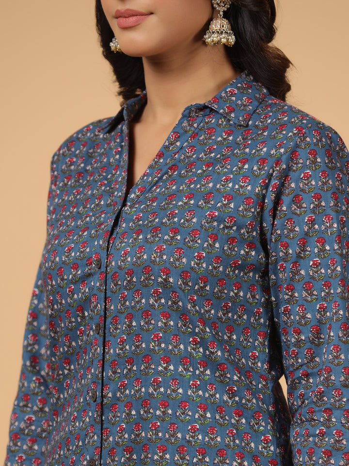 Blue Cotton Printed Shirt Collar Kurta Pant Set
