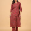 Red Cotton Printed Shirt Collar Kurta Pant Set