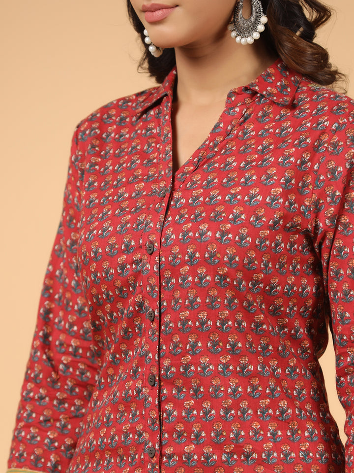 Red Cotton Printed Shirt Collar Kurta Pant Set