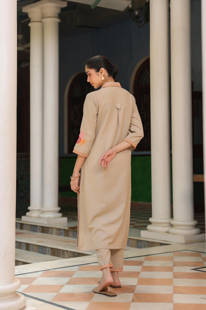 Beige Cotton Embroidered Shirt Collar Kurta Pant Set