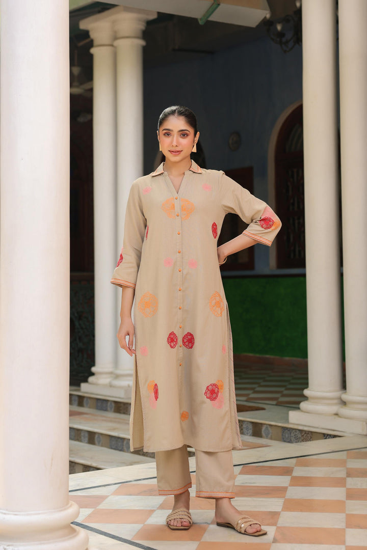 Beige Cotton Embroidered Shirt Collar Kurta Pant Set