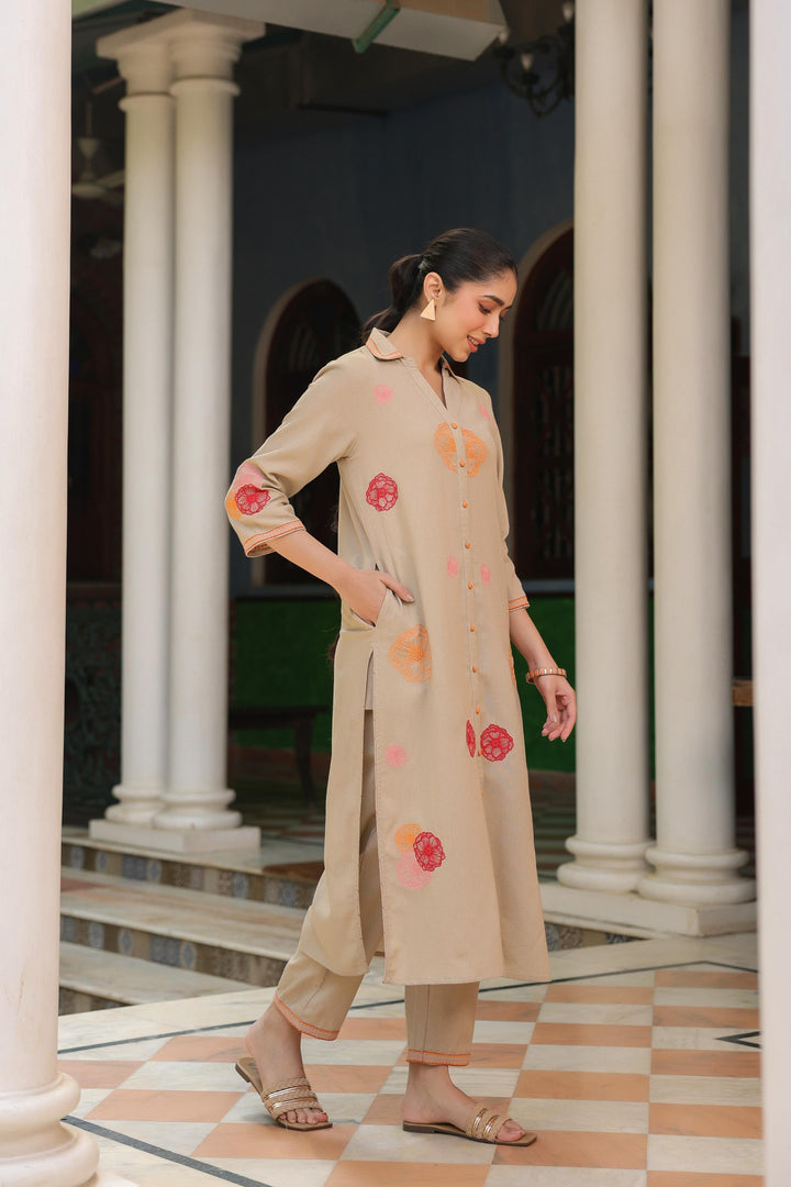 Beige Cotton Embroidered Shirt Collar Kurta Pant Set