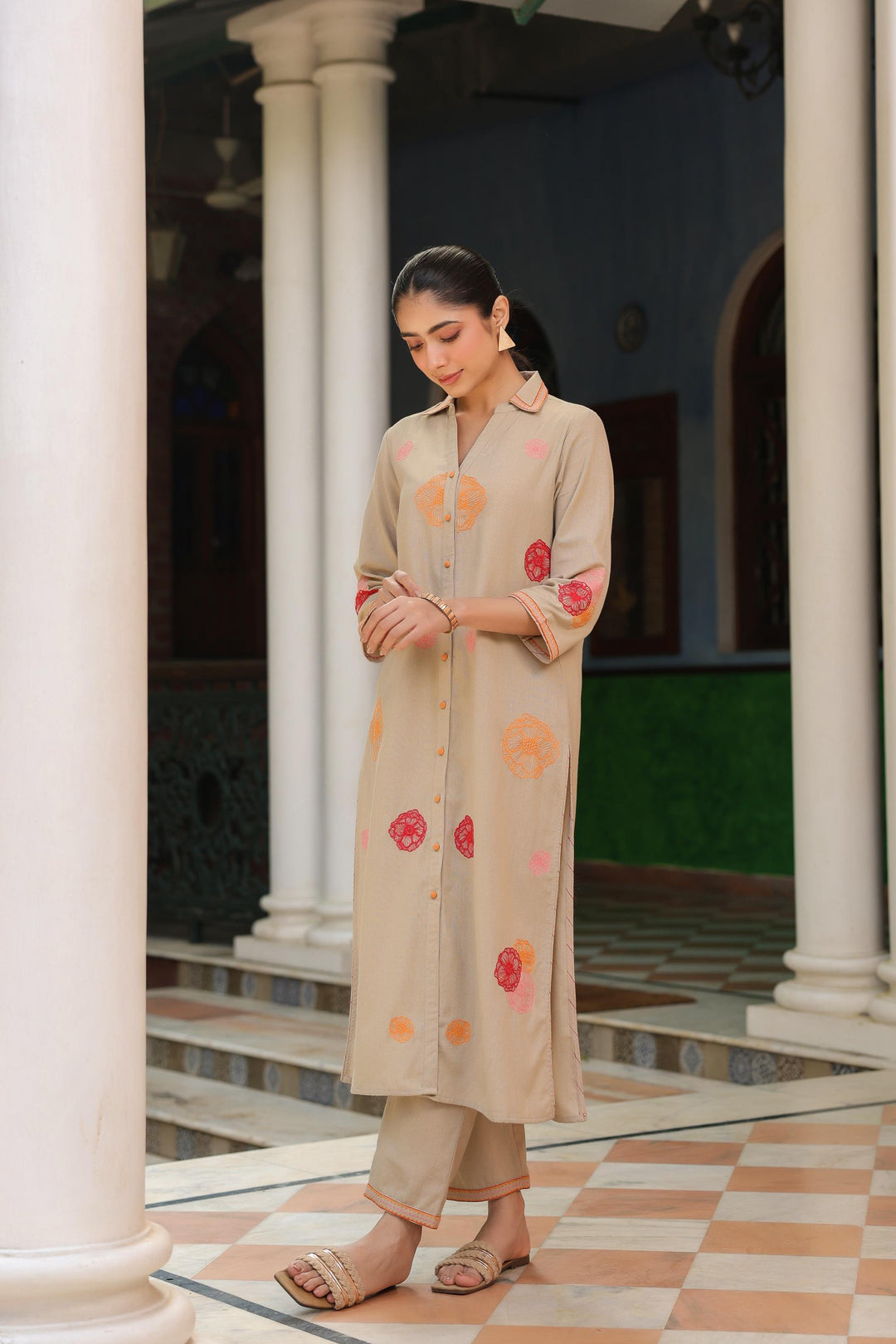 Beige Cotton Embroidered Shirt Collar Kurta Pant Set