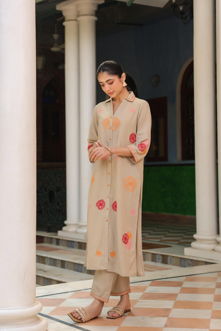 Beige Cotton Embroidered Shirt Collar Kurta Pant Set