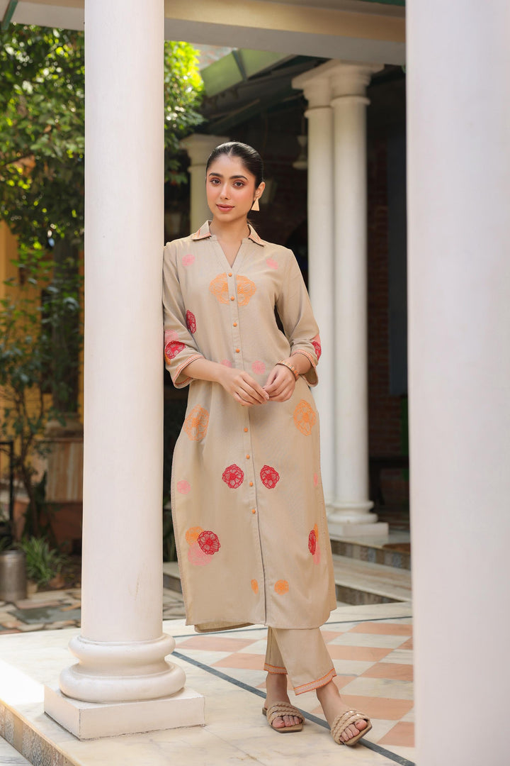 Beige Cotton Embroidered Shirt Collar Kurta Pant Set