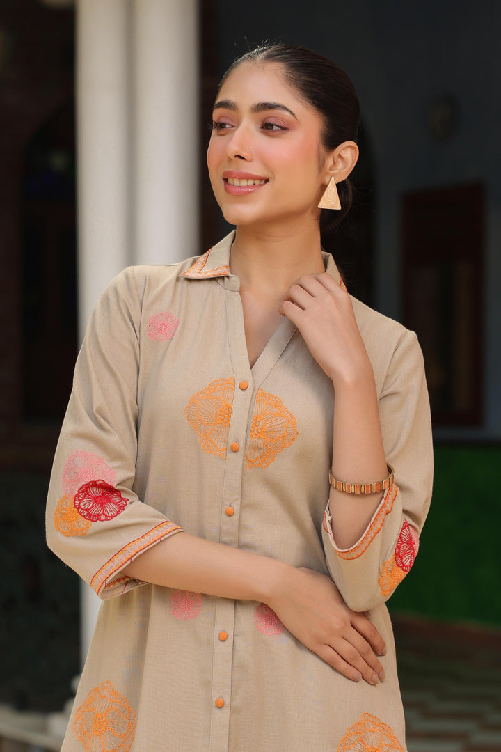 Beige Cotton Embroidered Shirt Collar Kurta Pant Set