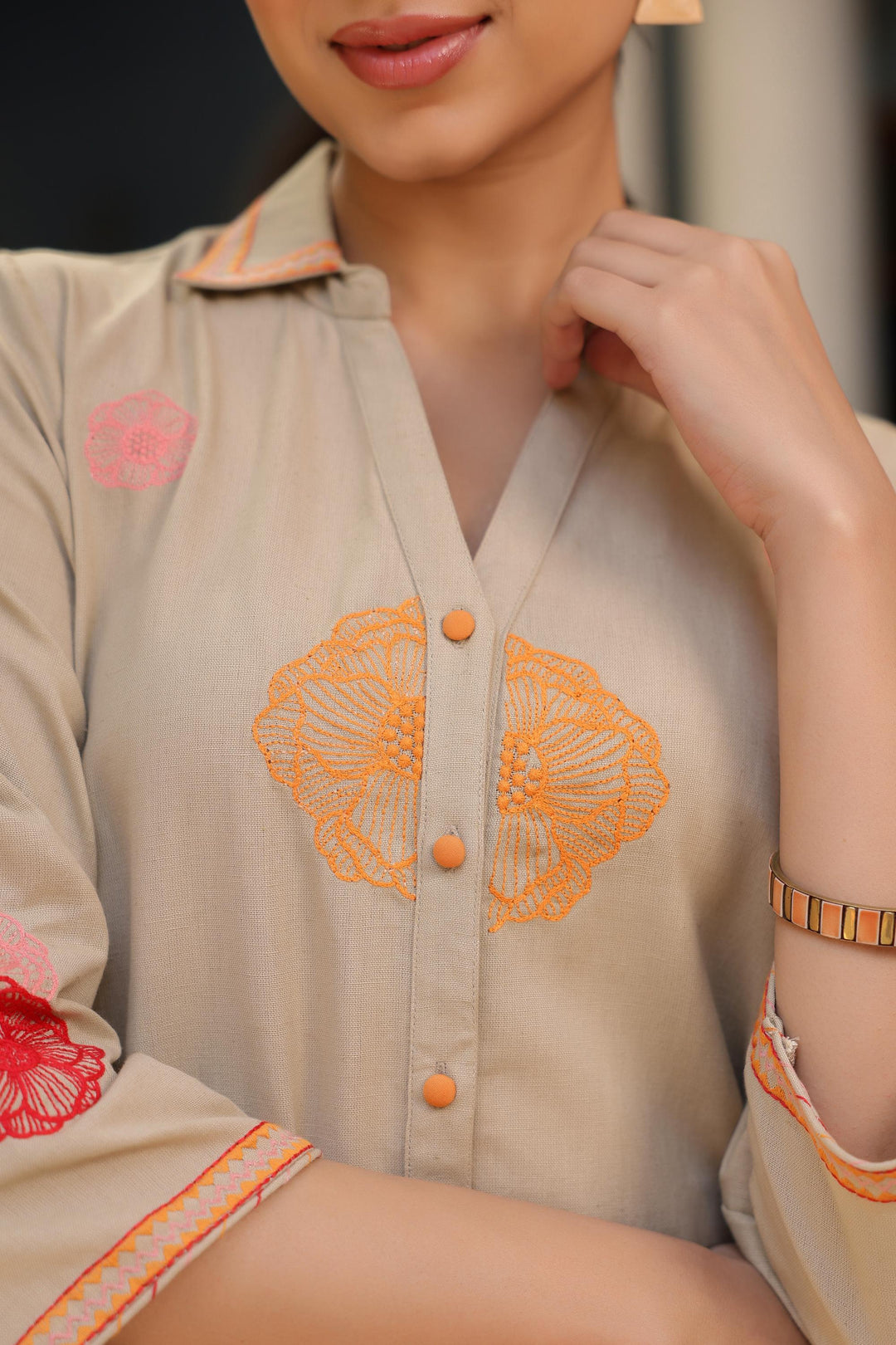 Beige Cotton Embroidered Shirt Collar Kurta Pant Set