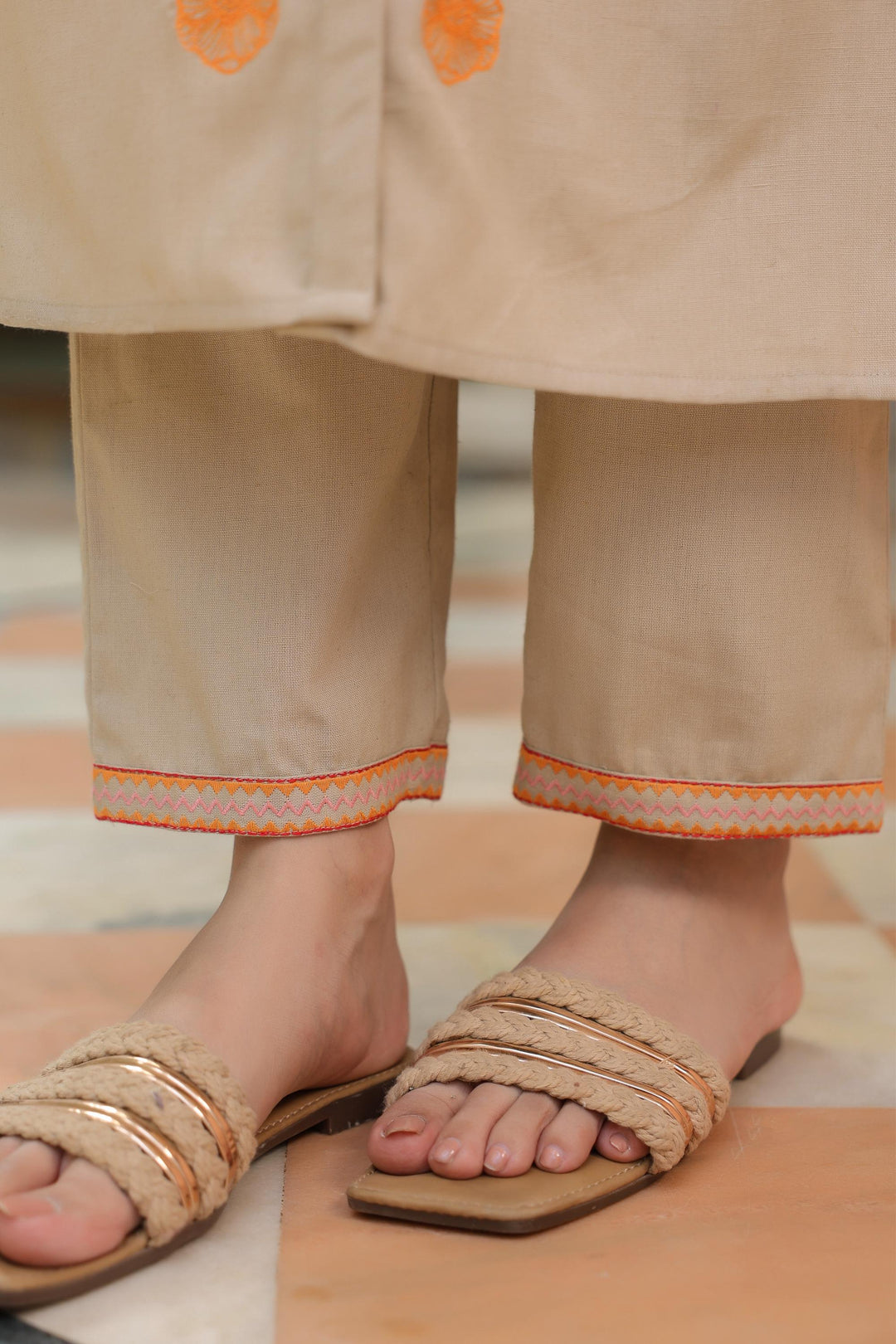 Beige Cotton Embroidered Shirt Collar Kurta Pant Set