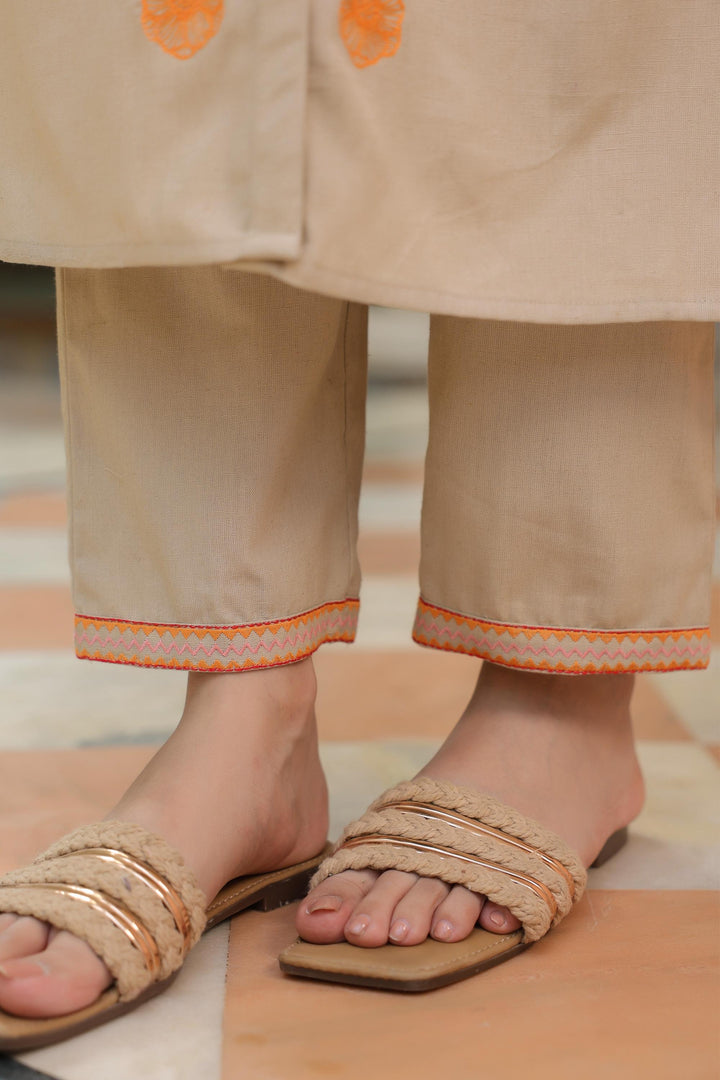 Beige Cotton Embroidered Shirt Collar Kurta Pant Set