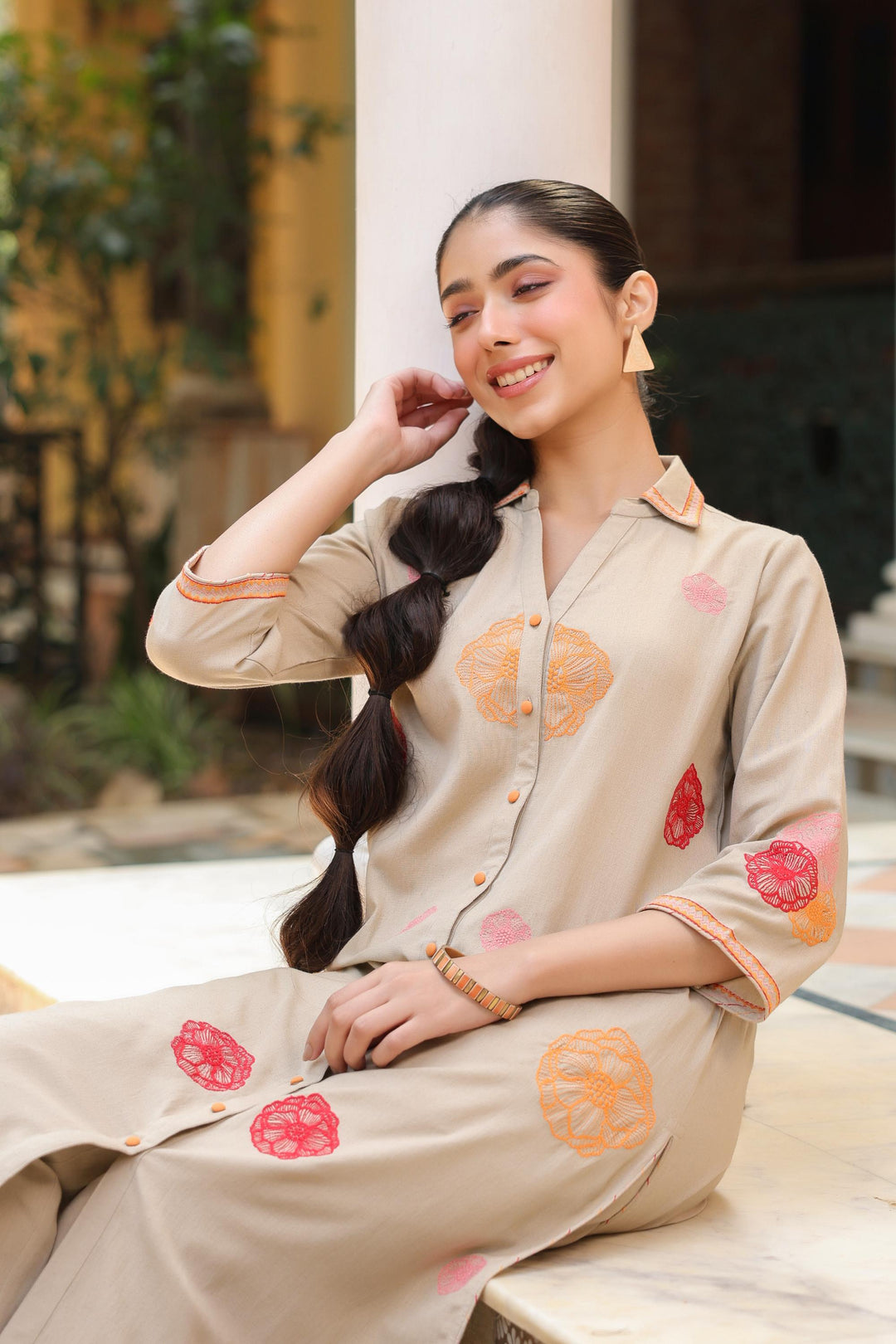 Beige Cotton Embroidered Shirt Collar Kurta Pant Set