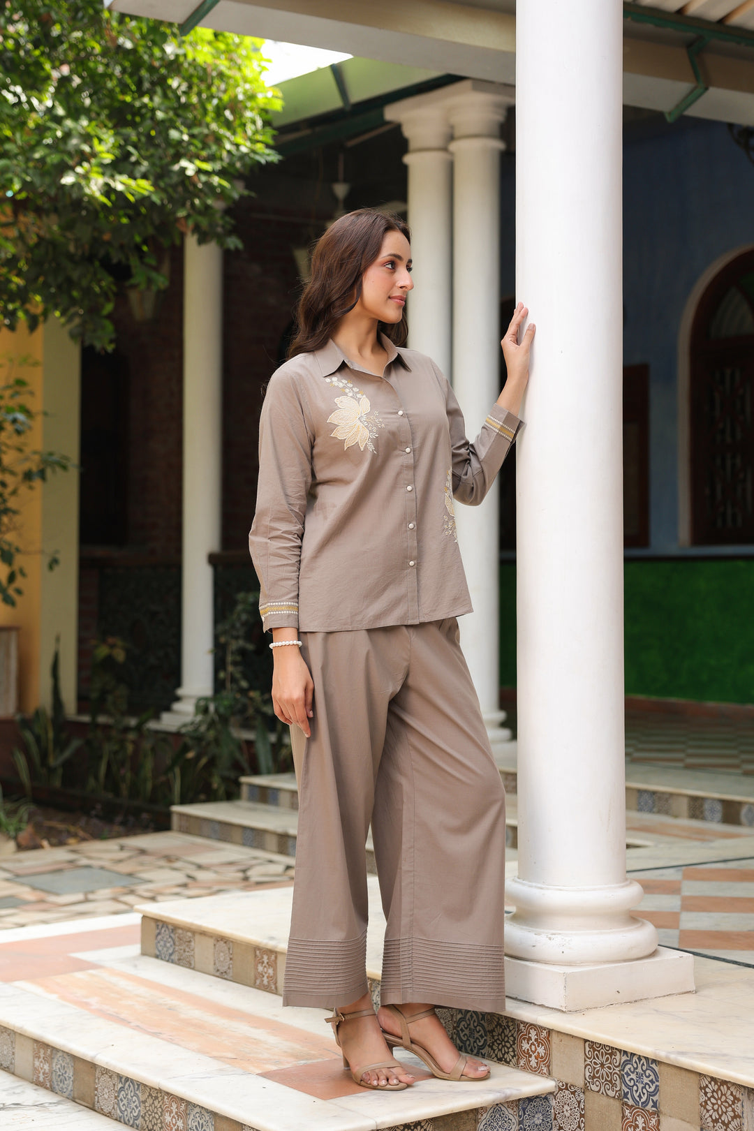 Grey Cotton Embroidered Designer Co-Ord Set