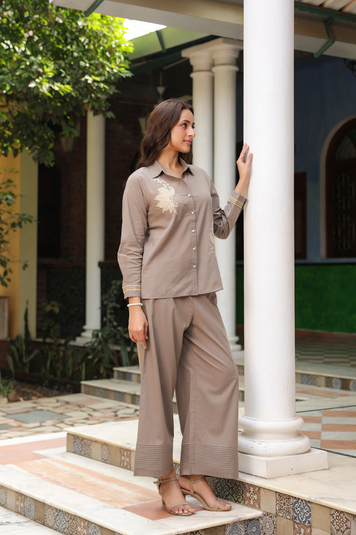 Grey Cotton Embroidered Designer Co-Ord Set
