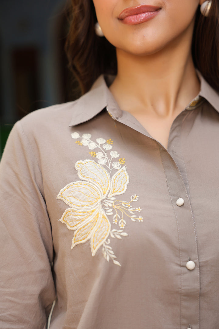 Grey Cotton Embroidered Designer Co-Ord Set