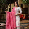 White & Pink Yarn dyed Straight Kurta Pant With Dupatta