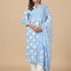 Blue Pure Cotton Floral Print Zari Work Straight Kurta Pant Dupatta Set
